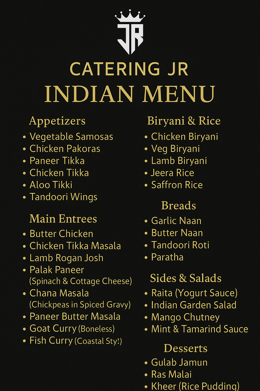 Indian Menu Catering JR